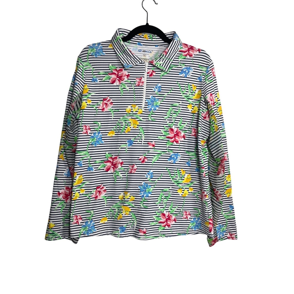 IBKUL Quarter Zip Floral Striped Performance Top Navy White XL Active Golf